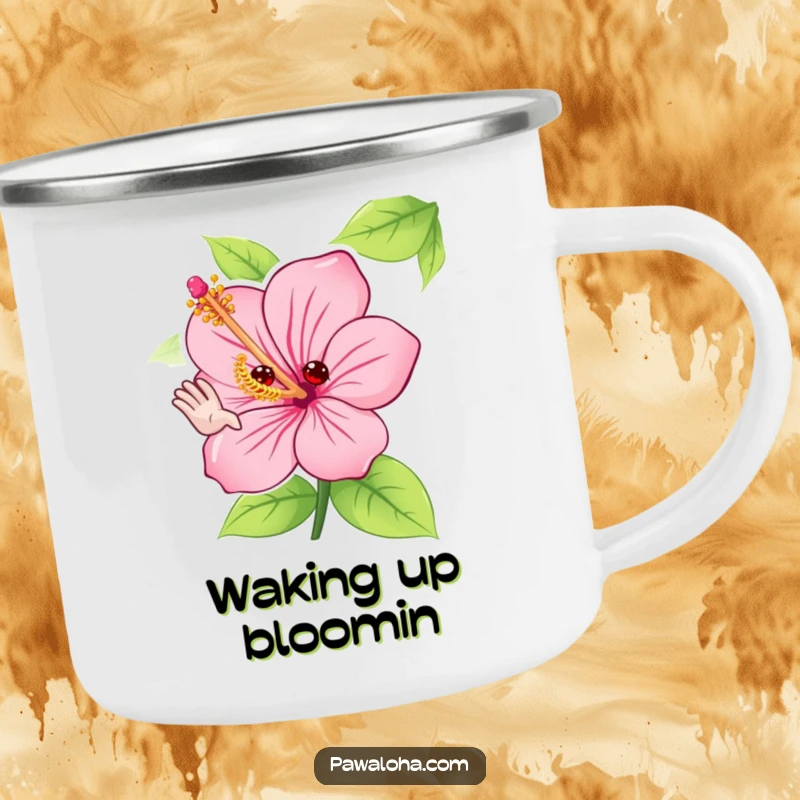 Funny hibiscus flower camping mug with a cute character adorably waving hello with its petals, great for outdoor adventures.