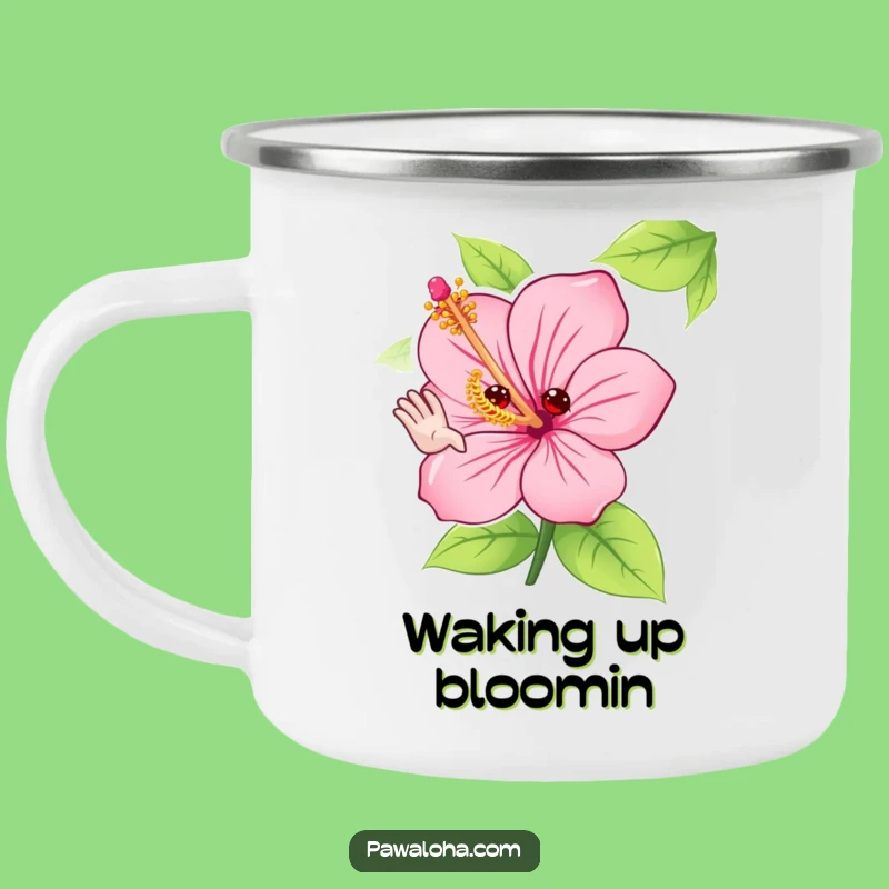 Funny Hibiscus Flower Camping Mug: Adorable Waving Character Enamel Gift Mug