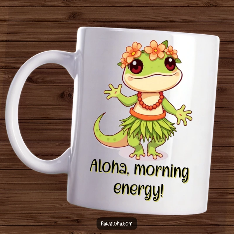 Funny Hula Gecko Mug featuring a gecko in a grass skirt and flower crown dancing joyfully, bringing tropical party vibes.