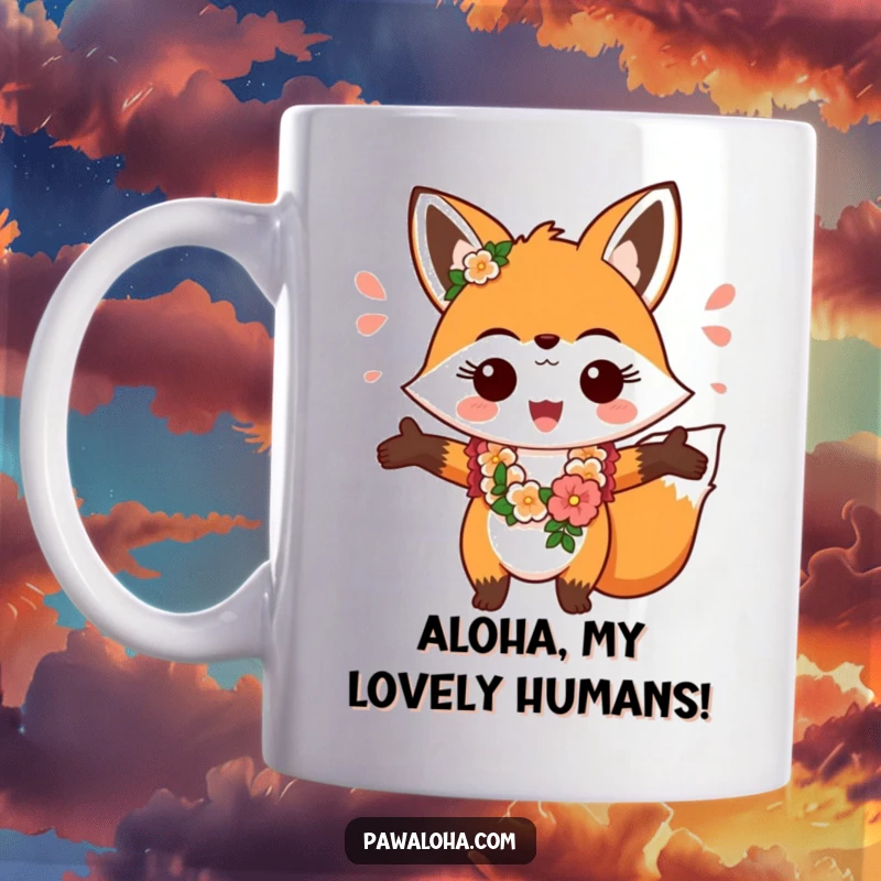 Funny fox character wearing a lei, cheerfully greeting with open arms, embodying warmth and welcome on this mug.