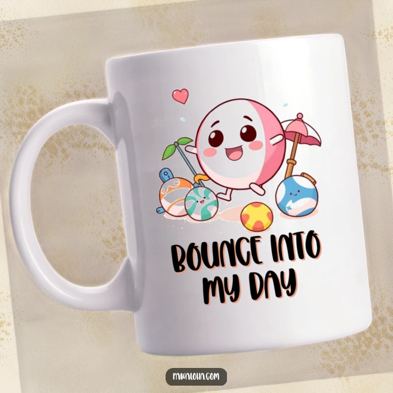 Funny beach ball mug with a playful character bouncing happily amongst other beach toys, evoking summer fun and energy.