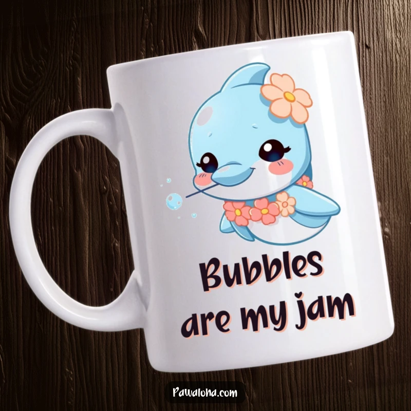 Funny dolphin mug with a tiny lei, blowing iridescent sparkly bubbles, looking curious and happy, perfect for ocean lovers.