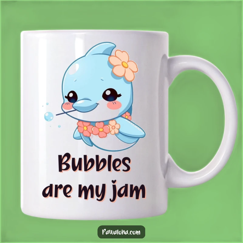 Funny Dolphin Lei Mug: Adorable ocean mammal blowing bubbles, the perfect funny gift for marine lovers.
