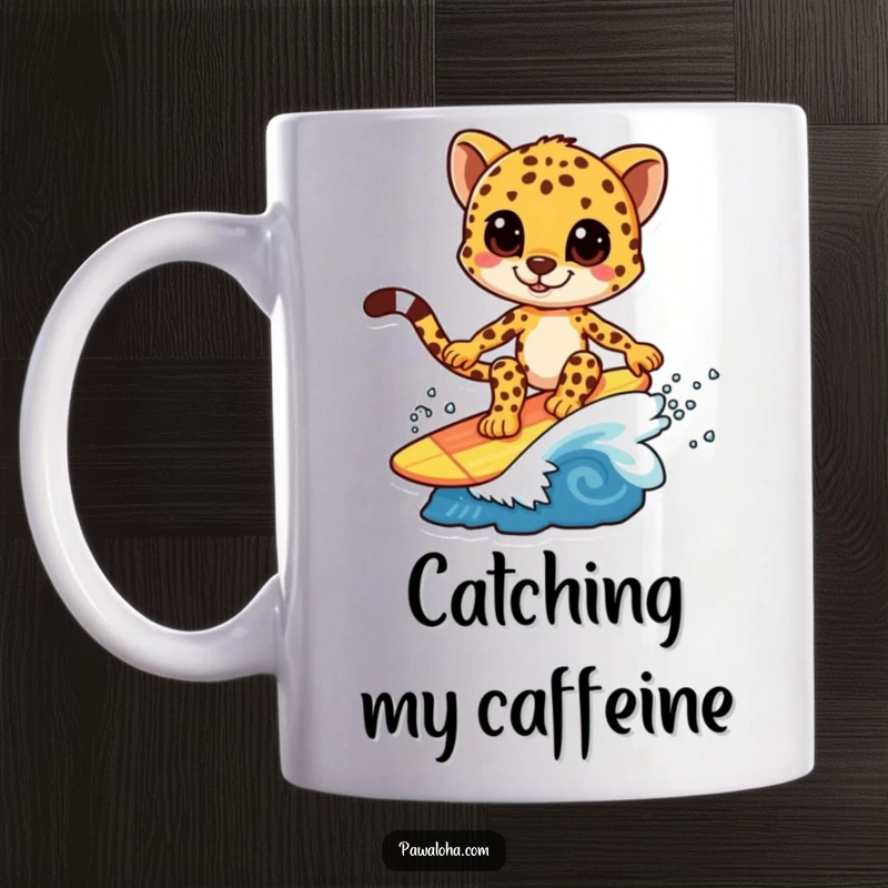Funny cheetah mug showcasing a cheetah character expertly surfing on a small, colorful wave with a determined expression.