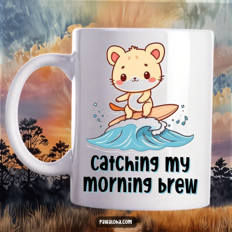 Funny animal character bravely surfing a small wave on a tiny surfboard on a mug. Embodies courage and seaside amusement.