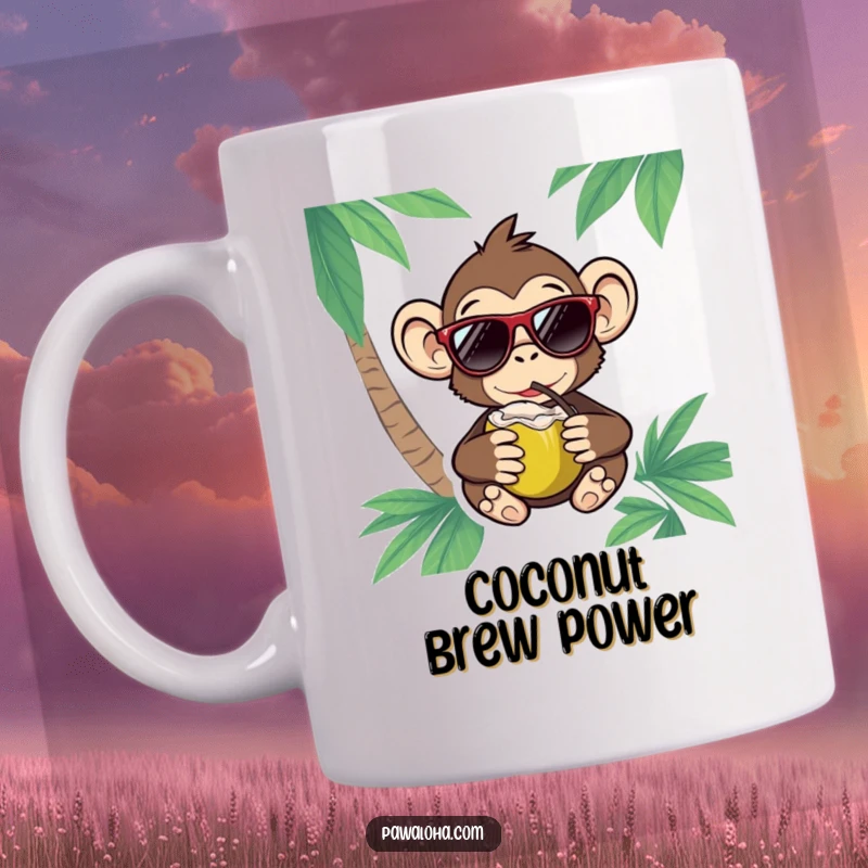 Funny Monkey Sunglasses Mug featuring a cool monkey chilling with shades and a coconut drink, exuding vacation vibes.