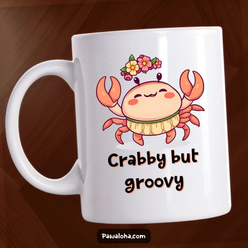 Funny Kawaii Crab Mug: Adorable crab doing a joyful hula dance with its claws, conveying happy beach vibes.