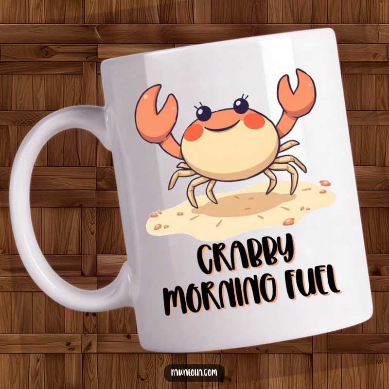 Funny crab mug with a cute character joyfully doing a sideways shuffle on the sand, evoking beachside fun.