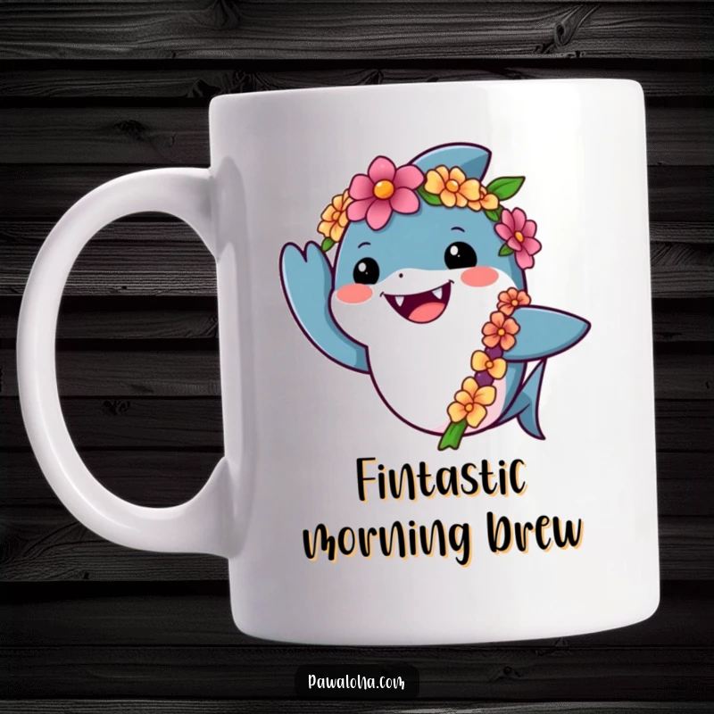 Funny shark mug showing a friendly shark wearing a lei, giving a cheerful wave, embodying tropical greetings and ocean fun.