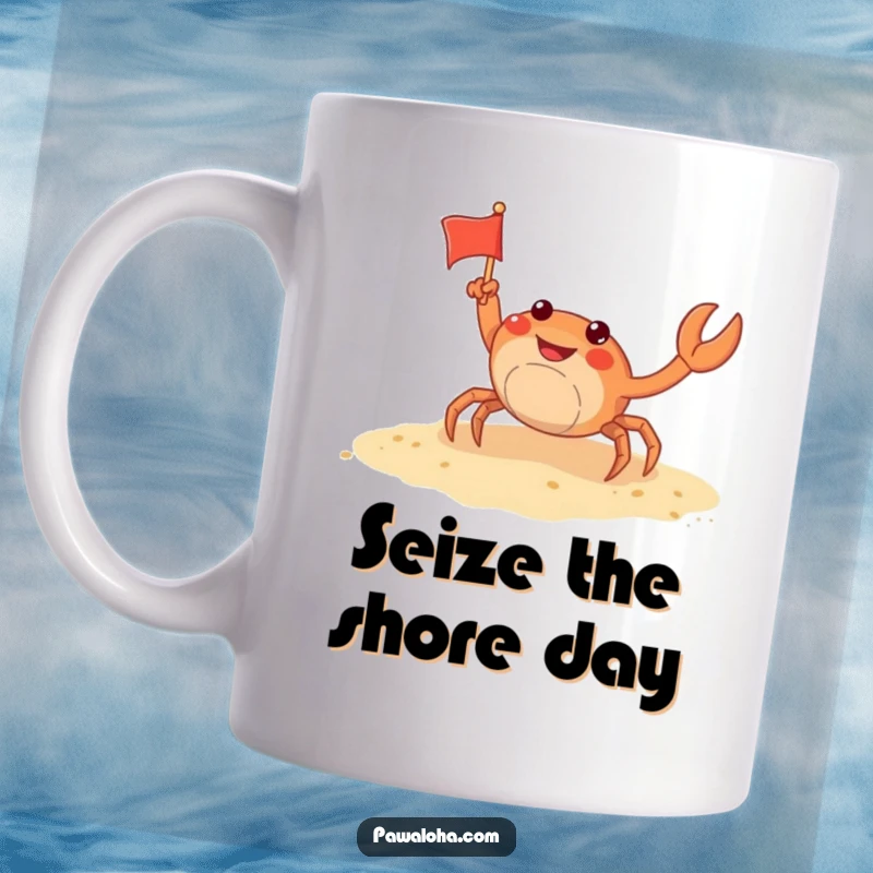 Funny crab mug showing a playful crab waving a tiny flag on a sandy beach, sending cheerful greetings from the coast.