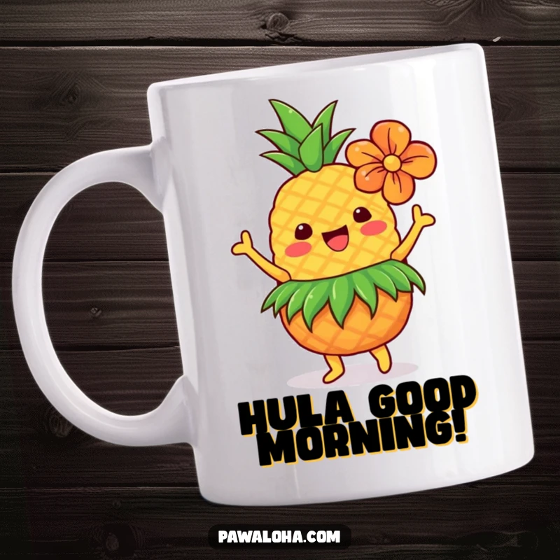 Funny Hawaiian pineapple dancing in a grass skirt with a flower, bringing tropical party vibes to this mug.