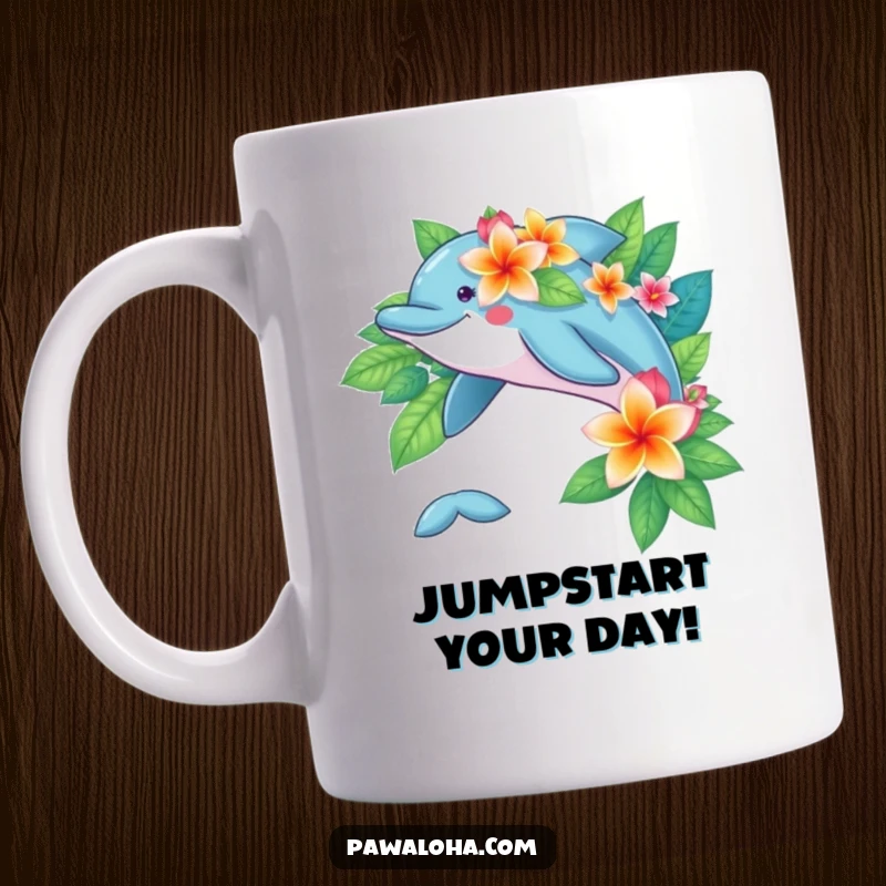 Funny leaping dolphin decorated with vibrant tropical flowers, bringing playful ocean vibes to a mug.
