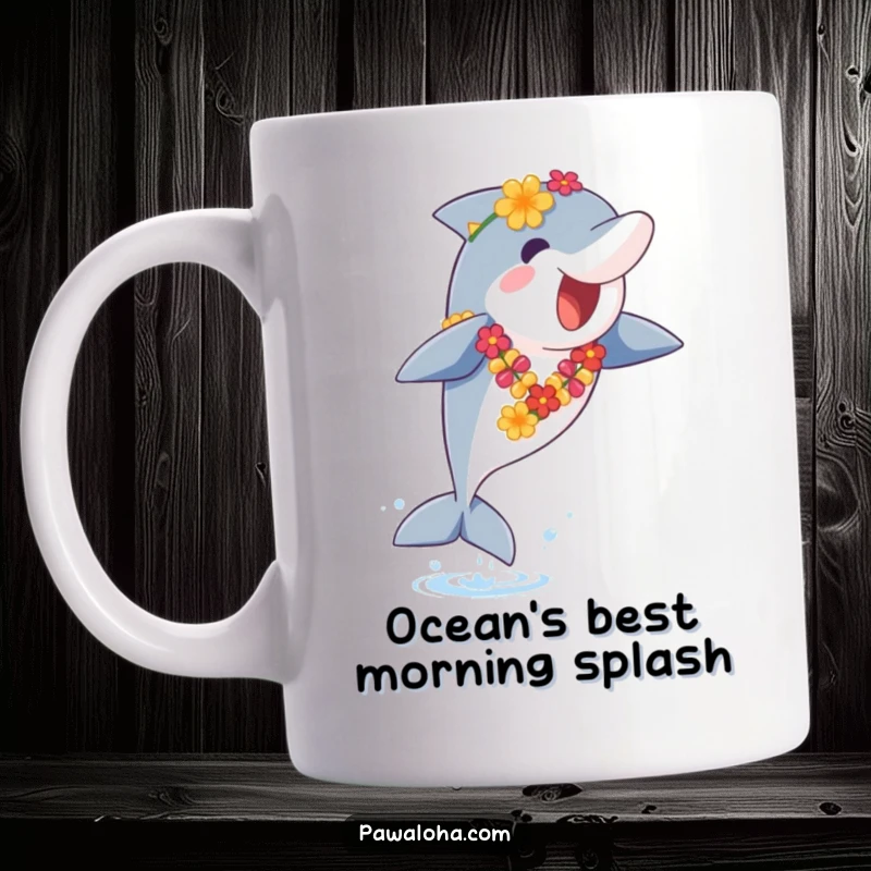 Funny Dolphin Mug: Adorable dolphin in a lei leaps joyfully from ocean waves, embodying pure, funny happiness and tropical fun.