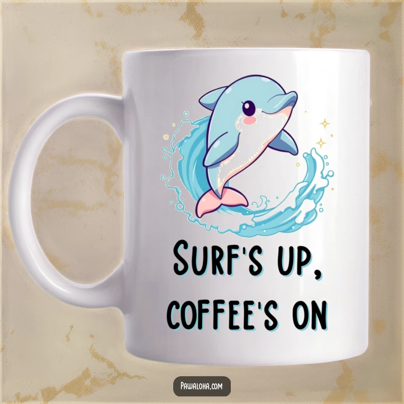 Funny dolphin character leaping joyfully through a sparkling ocean wave on a mug, conveying aquatic energy and fun.