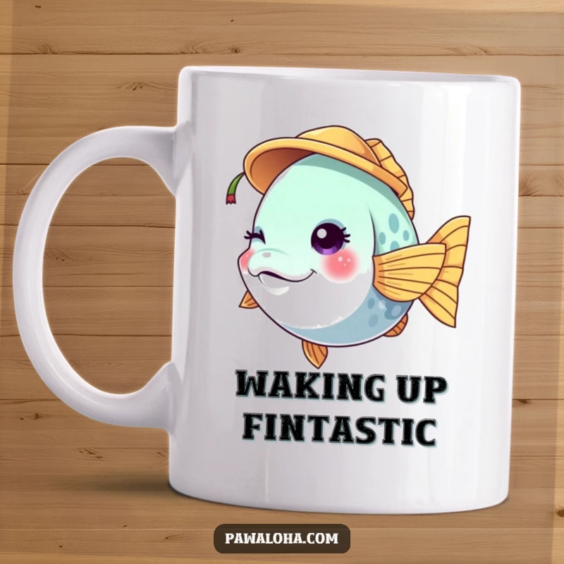 Funny vibrant fish character mug winking playfully while wearing a tiny coconut hat, exuding tropical charm.