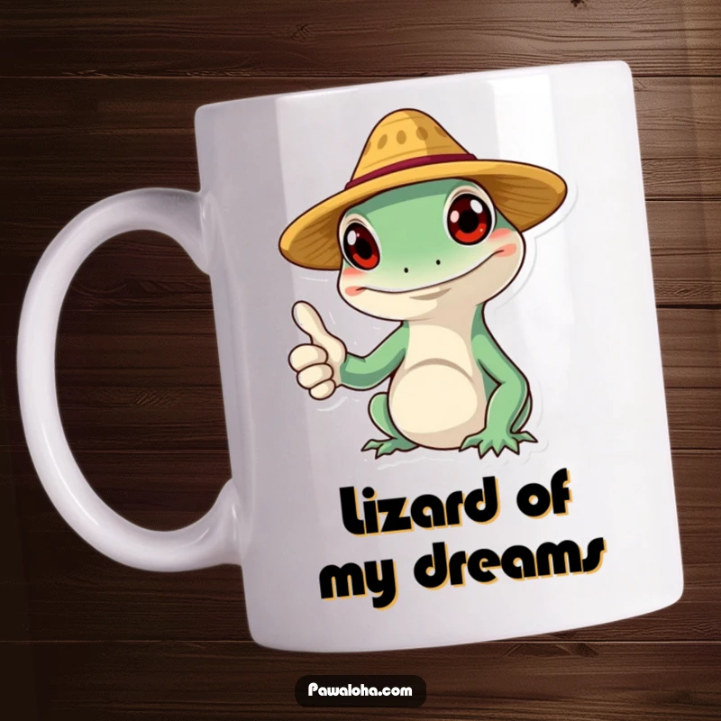 Funny gecko mug with a smiling character wearing a tiny straw hat and giving a thumbs up, radiating positivity.