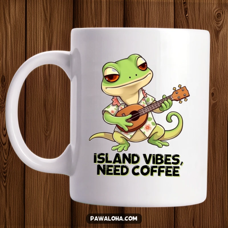 Funny mug with a cool gecko wearing a Hawaiian shirt, joyfully strumming a tiny ukulele, radiating chill vibes.