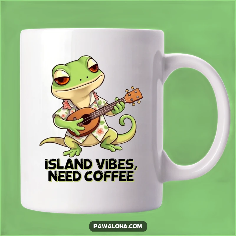 Funny Gecko Ukulele Mug: Cool Hawaiian Shirt Gecko Strumming a Tiny Uke, Perfect Gift