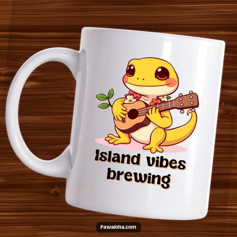 Funny mug with a kawaii gecko wearing a colorful lei, playfully strumming a tiny ukulele with a happy expression.