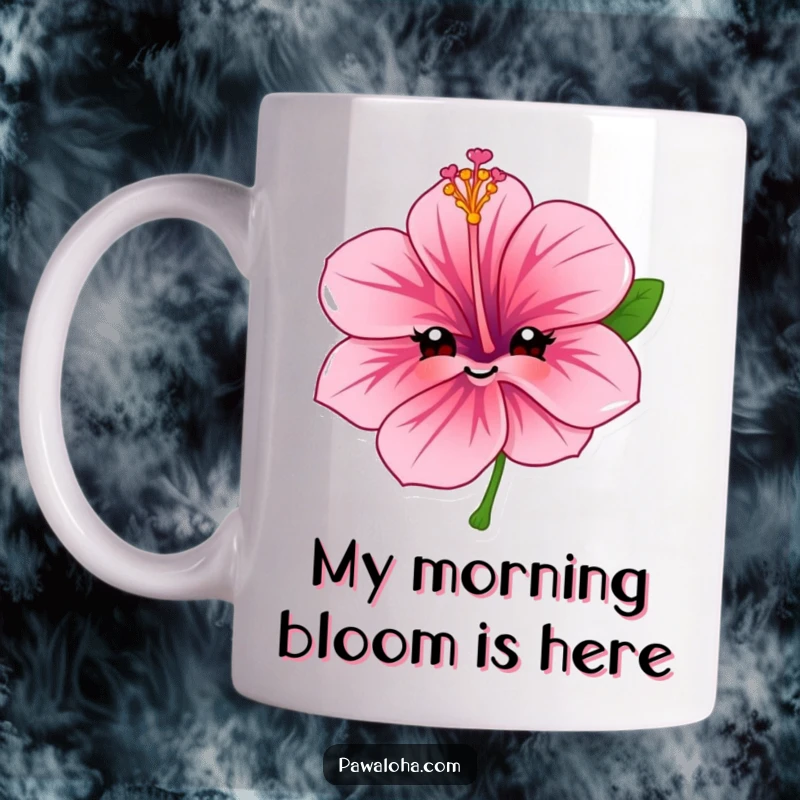 Funny hibiscus flower mug with a big, sweet, friendly smile, radiating warmth and happiness for a perfect morning.