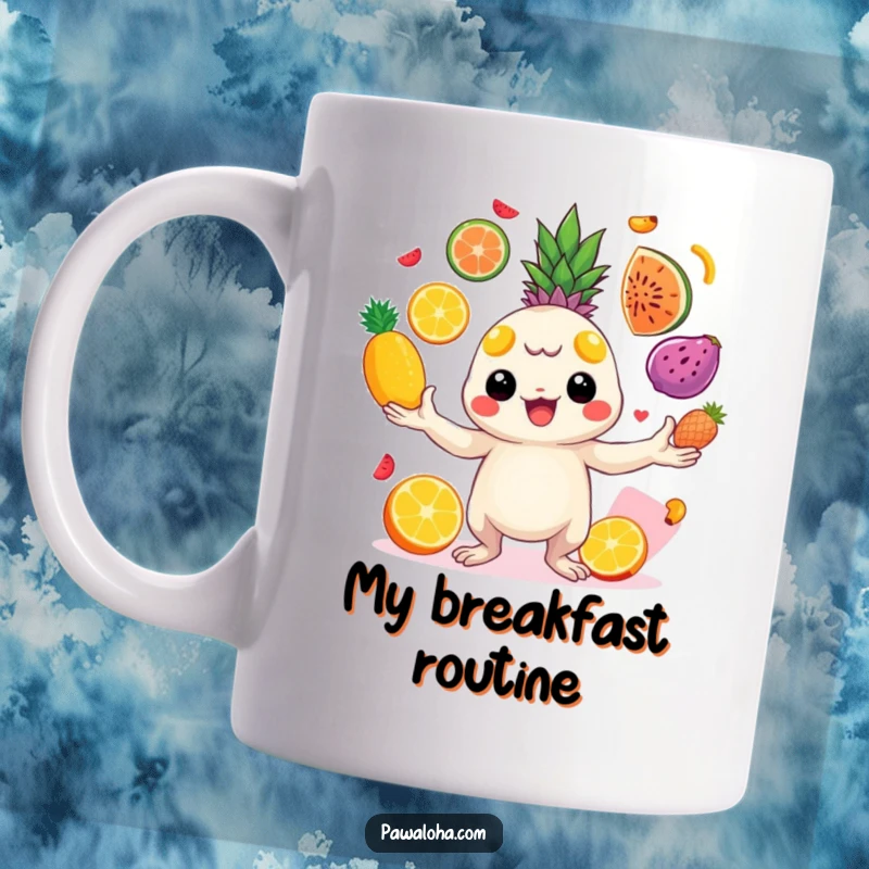 Funny creature juggling bright tropical fruits with cheerful energy on a mug. Evokes vibrant fun and playful skill.