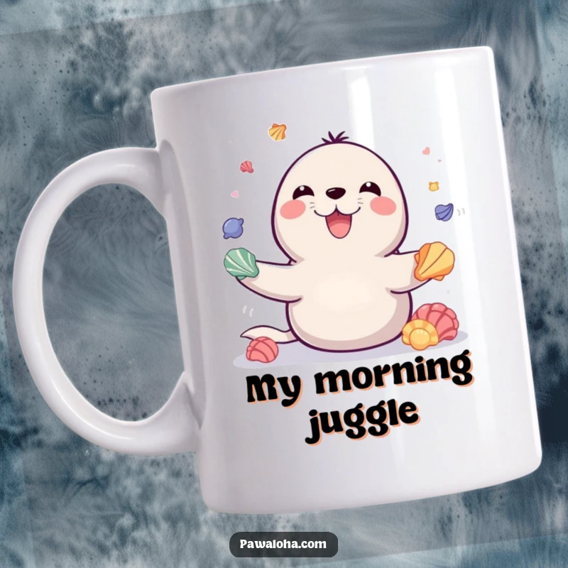 Funny mug showing a playful seal with a beaming smile, skillfully juggling colorful seashells with impressive dexterity and cheerful energy.