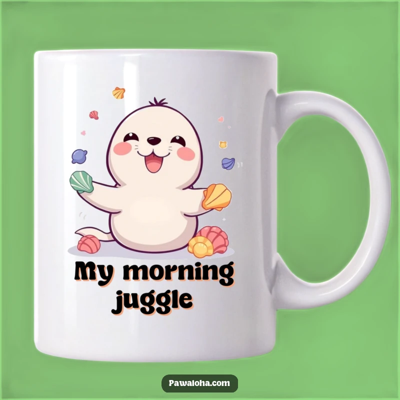 Funny Juggling Seal Seashell Mug - Playful Gift for Marine Life Fans!