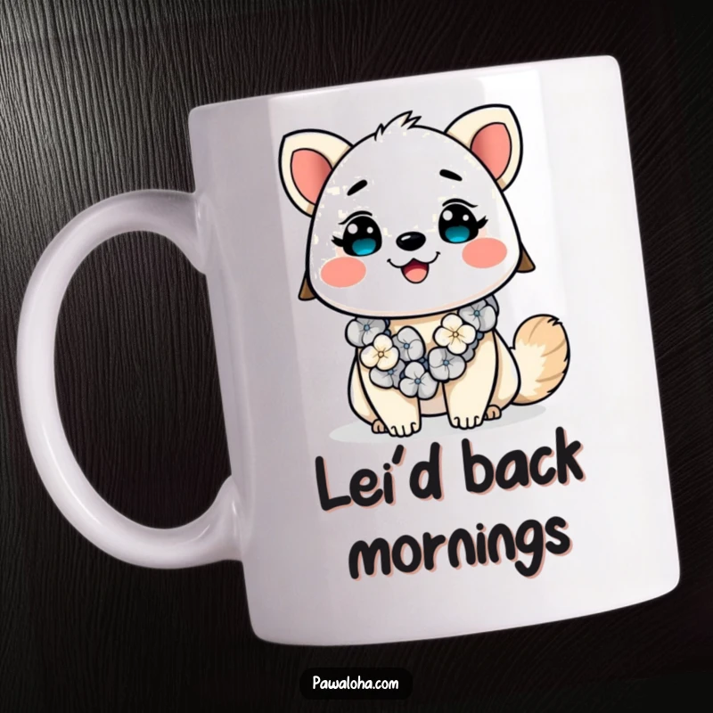 Funny Kawaii Aloha Animal Mug: Adorable cartoon creature with a colorful lei around its neck, smiling radiantly with tropical warmth.