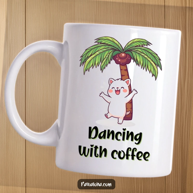 Funny Kawaii Dance Animal Mug: Cute cartoon creature doing a joyful dance under a leafy palm tree, radiating pure happiness.