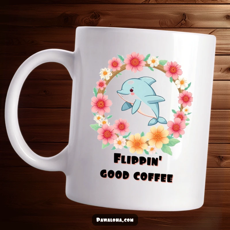 Funny Kawaii dolphin leaping joyfully through a hoop adorned with colorful flowers on a delightful coffee mug.