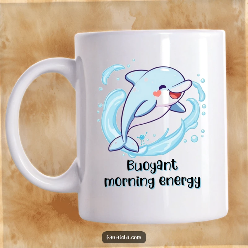 Funny Kawaii dolphin mug, a cute character leaping joyfully through stylized ocean waves with a happy expression.