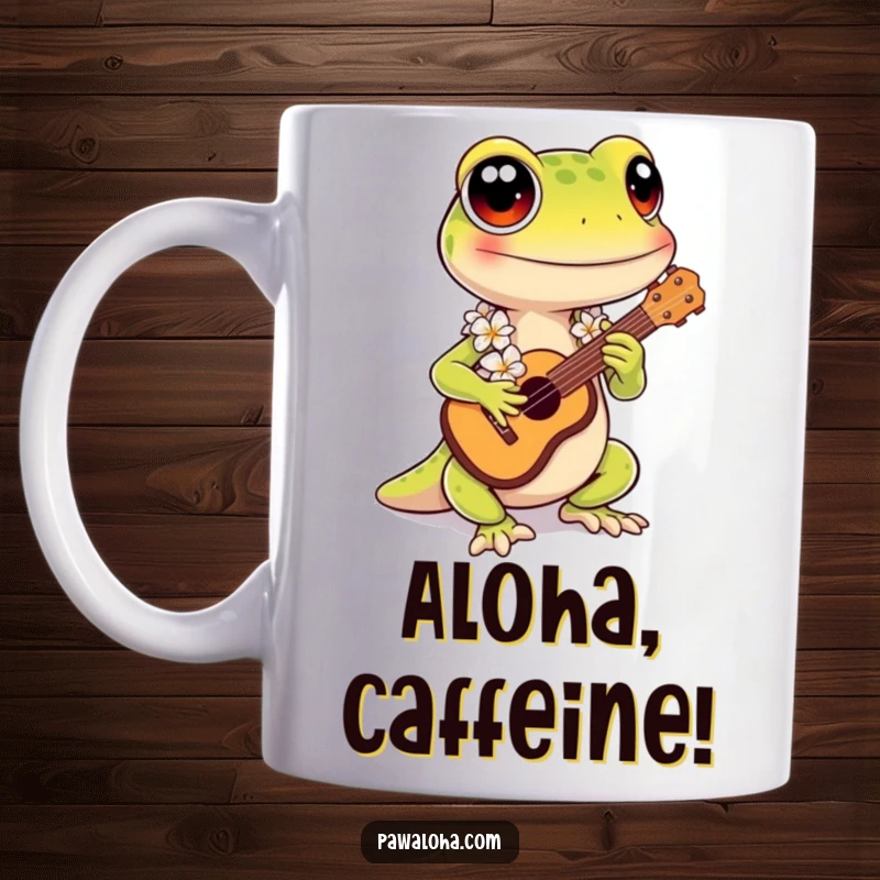 Funny Kawaii Gecko Mug: Adorable character wearing a lei, playing a ukulele, spreading tropical cheer and musical vibes.