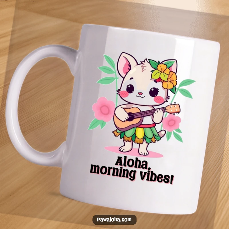 Funny Kawaii Hula Animal Mug: Adorable cartoon creature in a grass skirt strumming a ukulele, radiating pure joy and musicality.