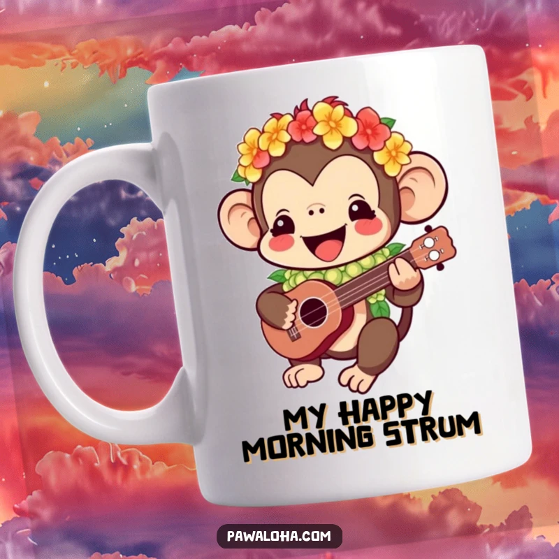 Funny Kawaii monkey mug featuring a happy character wearing a lei and playing a ukulele, radiating joyful tropical vibes and humor.