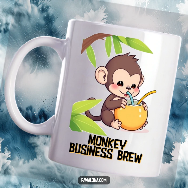 Funny Kawaii Monkey Mug: Adorable monkey happily sipping from a coconut with a straw, conveying tropical relaxation.