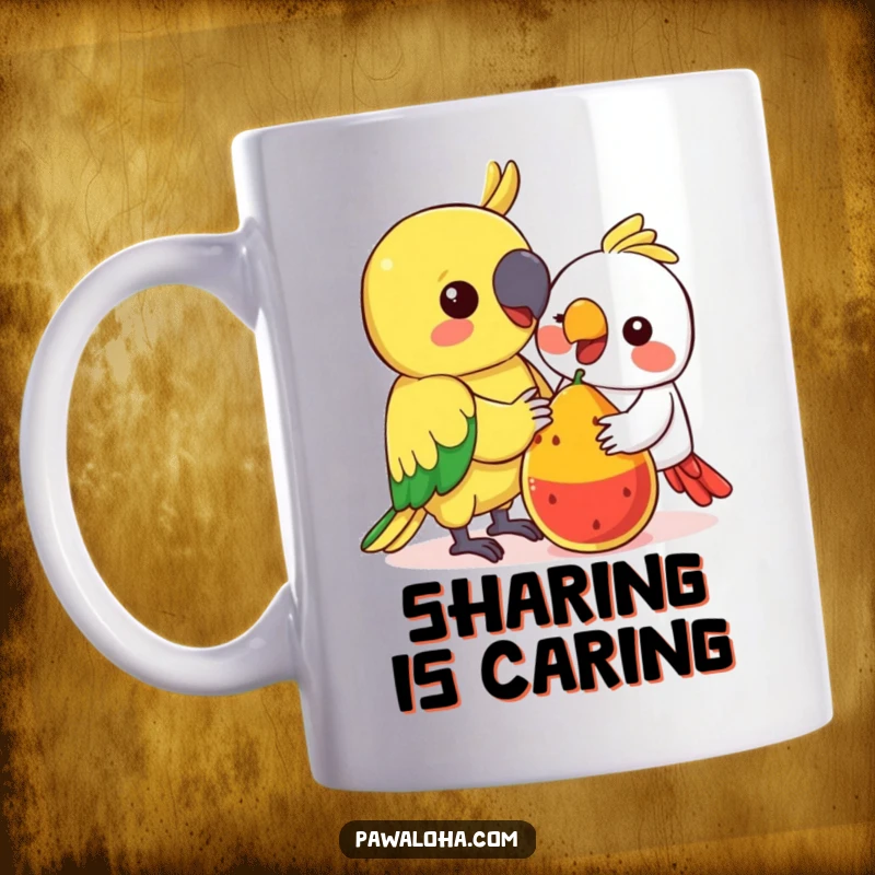 Funny Kawaii Parrot Mug: Adorable colorful parrot sharing a piece of fruit with another, conveying friendship and sweetness.