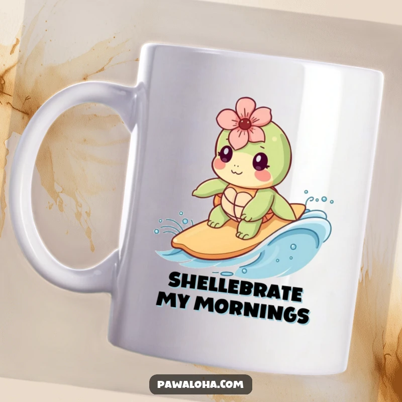 Funny Kawaii sea turtle wearing a flower surfs a gentle wave, embodying pure joy and relaxation on this delightful mug.