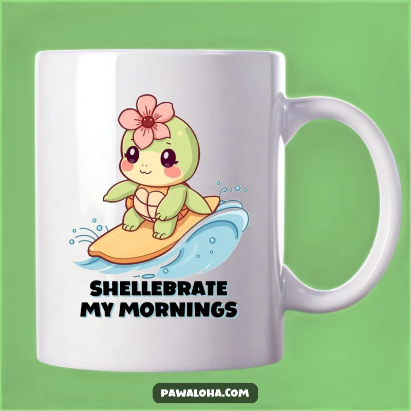 Funny Kawaii Sea Turtle Surfing Mug: Adorable Ocean Wave Rider Coffee Cup, Perfect Gift