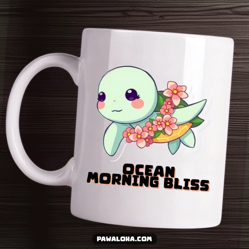Funny Kawaii Turtle Mug: Adorable sea turtle swimming gracefully with a flower garland, conveying peaceful ocean vibes.
