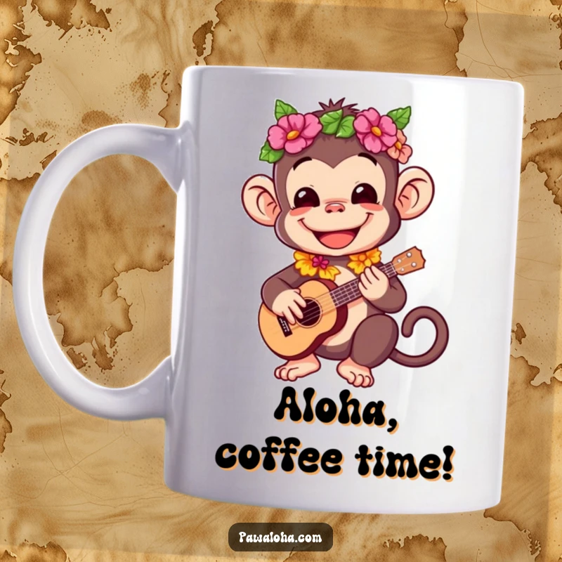 Funny mug showing a happy monkey wearing a lei and playing a ukulele, radiating tropical fun.
