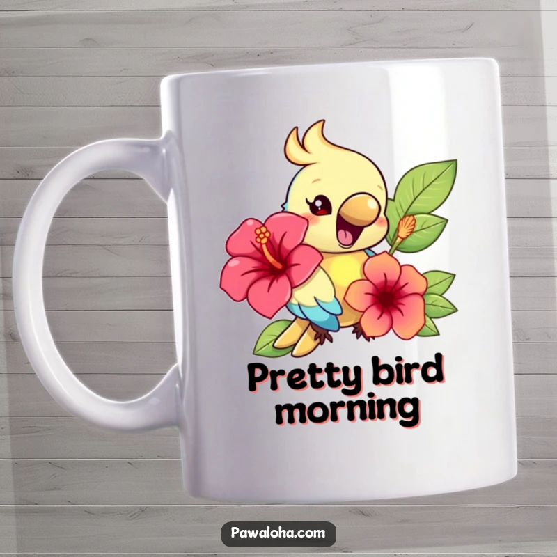 Funny parrot mug featuring a colorful parrot character squawking happily while holding a bright hibiscus flower.