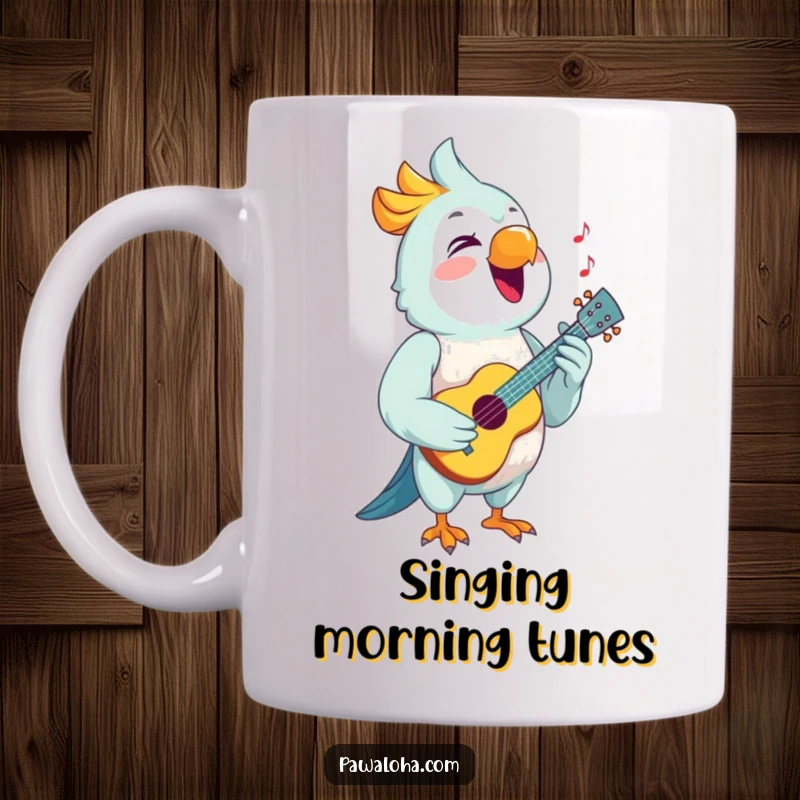 Funny Parrot Ukulele Mug featuring a joyful parrot singing with a tiny ukulele, spreading musical happiness.