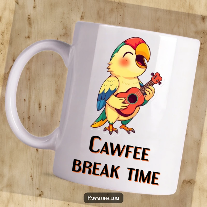 Funny Parrot Ukulele Mug: A colorful parrot serenades with a tiny ukulele, bringing funny tropical music vibes to your cup.
