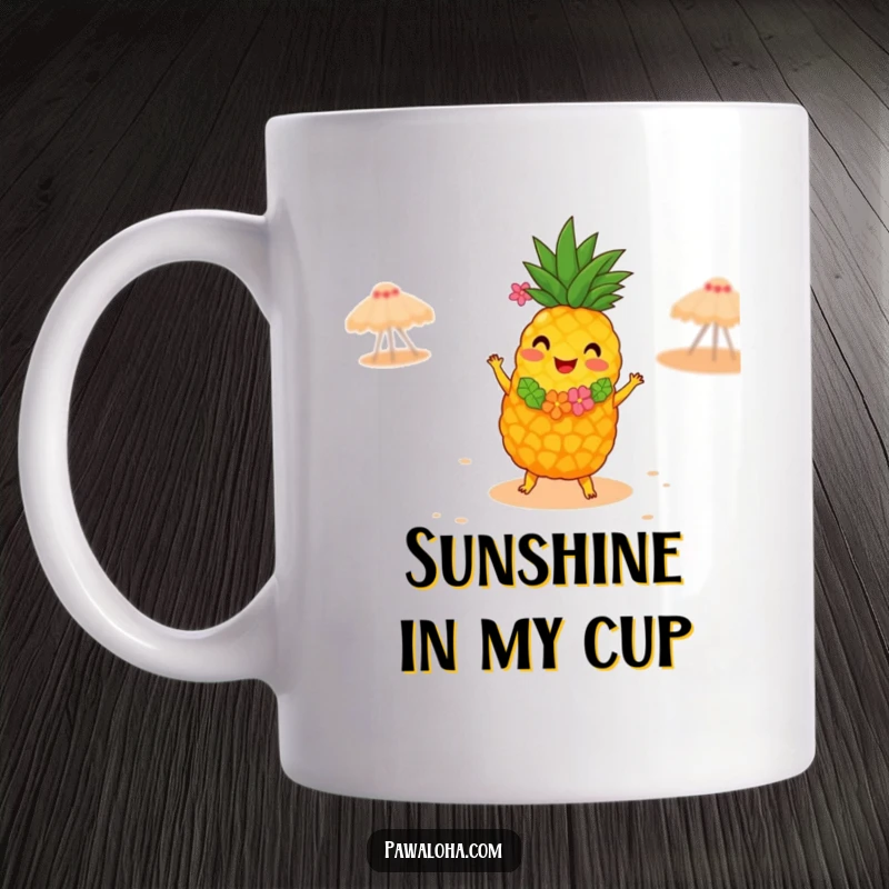 Funny mug showing a joyful pineapple in a lei, energetically dancing the hula on a sandy beach, radiating pure happiness and vacation vibes.