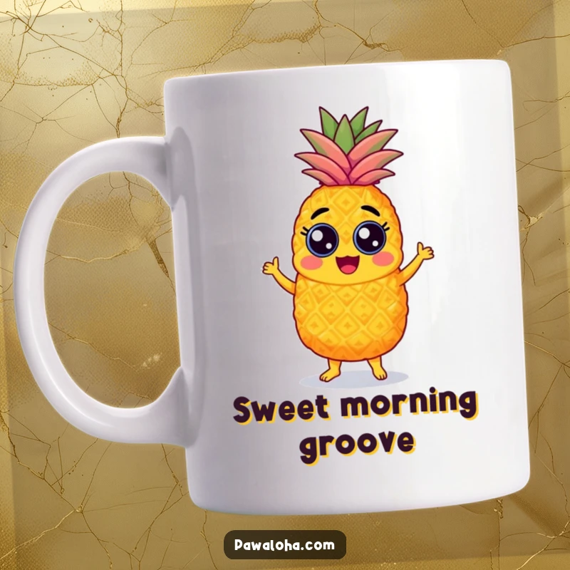 Funny pineapple mug character with googly eyes, energetically dancing the samba, radiating pure joy and tropical fun.