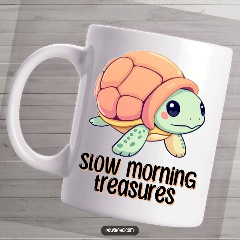 Funny sea turtle character curiously inspecting a colorful seashell on a mug, conveying gentle exploration and ocean charm.