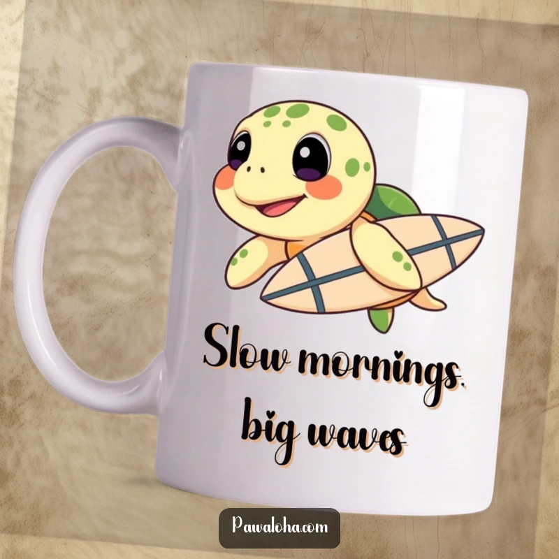 Funny Sea Turtle Surf Mug: A happy sea turtle with a surfboard under its flipper is ready to paddle, embodying funny, relaxed beach fun.