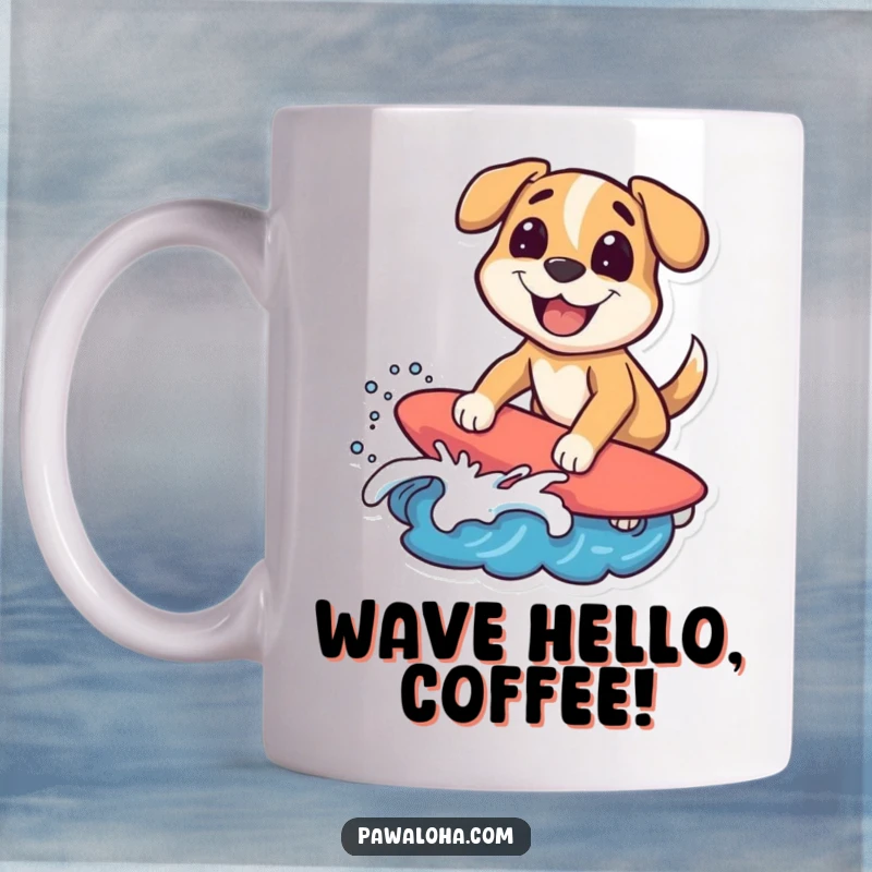 Funny surfing dog character mug riding a wave with a big grin, embodying humorous beach joy. Great gift.