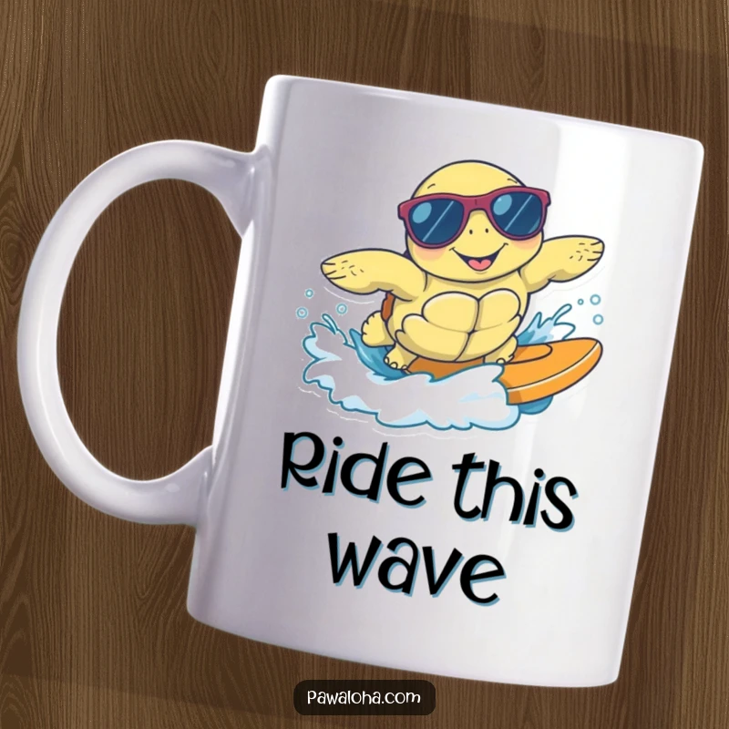 Funny mug showing a happy sea turtle wearing cool sunglasses, expertly surfing a gentle wave with a relaxed and joyful expression.