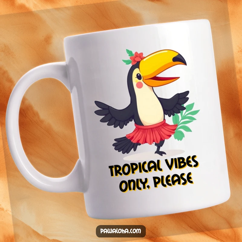 Funny toucan character happily dancing in a colorful hula skirt on a mug, exuding pure joy and tropical fun.